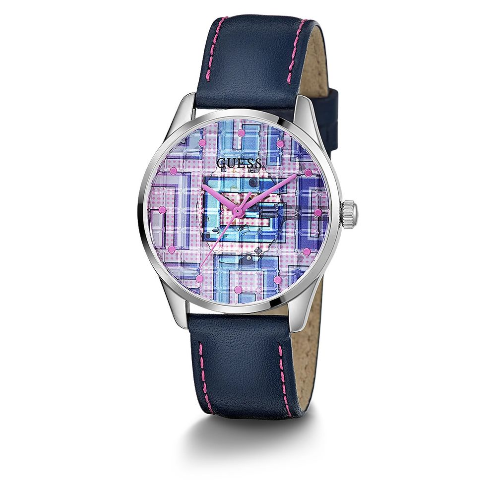 Guess Elegante blaue Leder-Armbanduhr