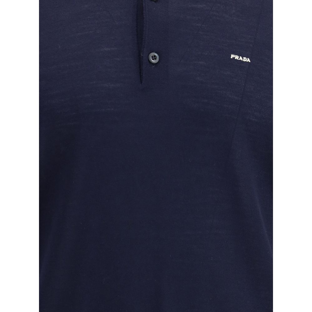 Prada Blaues Fleece-Woll-Poloshirt