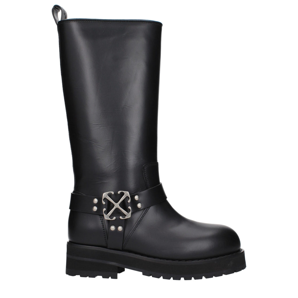 Off-White Schwarze Leder-Flachstiefel